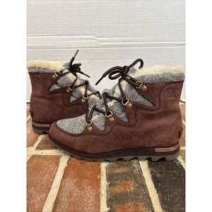 Sorel Women's Winter Ankle Boots Burgundy Leather Sherpa Lace Casual Size‎ 9